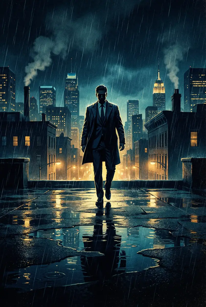 有人有片最新免费 出品影片《雨夜独行者》海报，雨中城市屋顶男性剪影